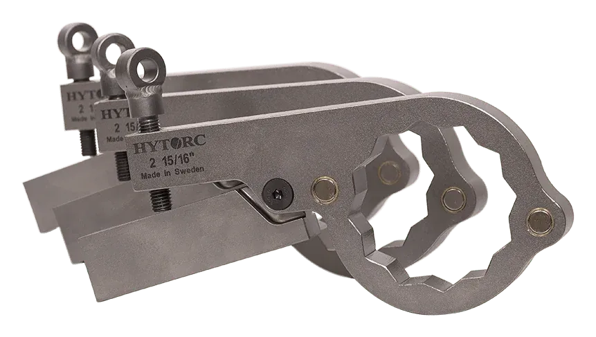 Set of HYTORC Magnetic Backup Wrenches with 12-point cutouts and adjustable eyebolt arms