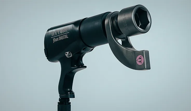 HYTORC jGun Digital Speed pneumatic torque tool with coaxial reaction arm and socket