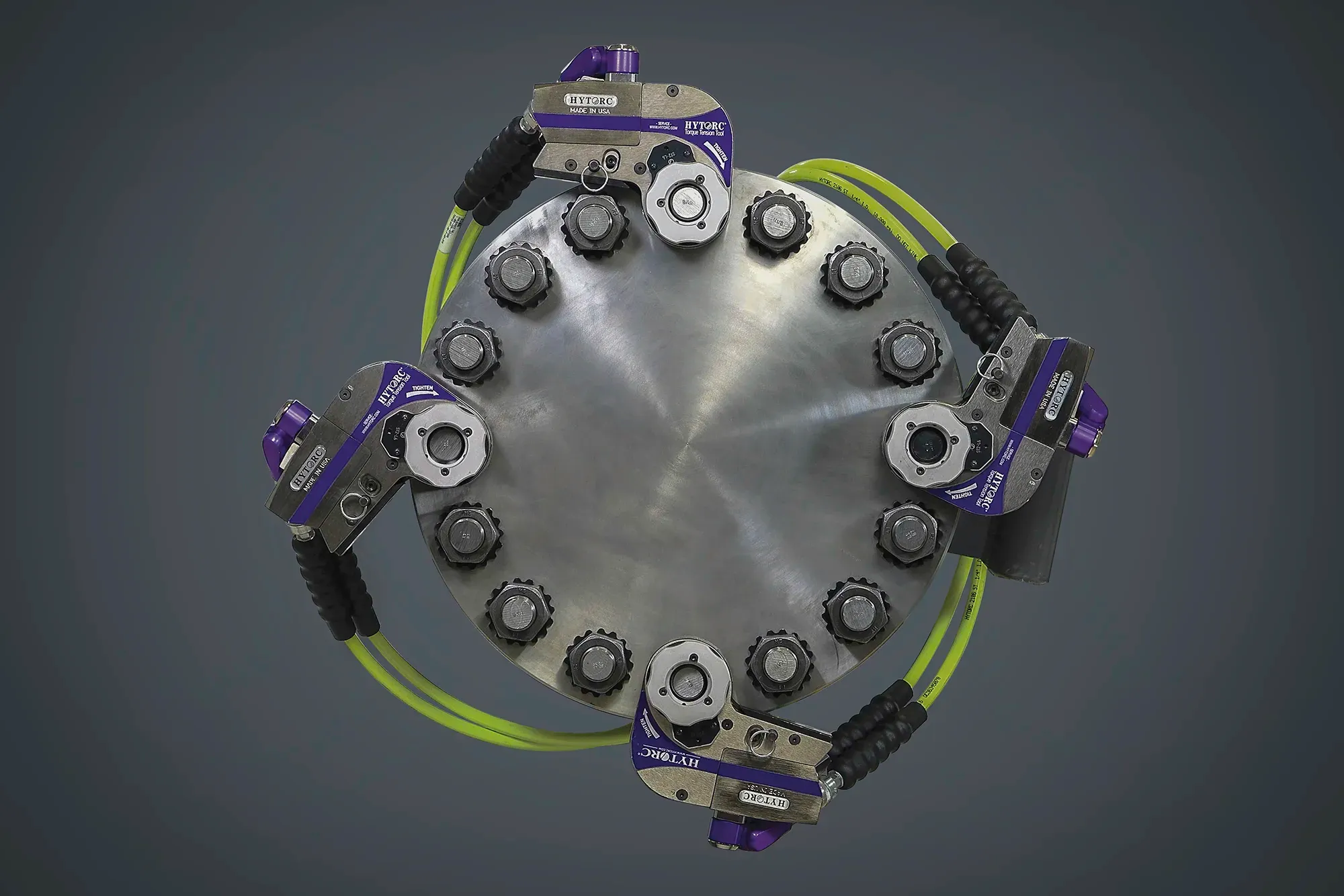 Four HYTORC STEALTH tools fixed to a single application with Tool Retainers, using SIMULTORC technology