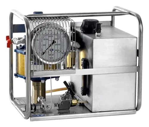 HYTORC Subsea Pneumatic Tensioning Pump in a stainless steel frame